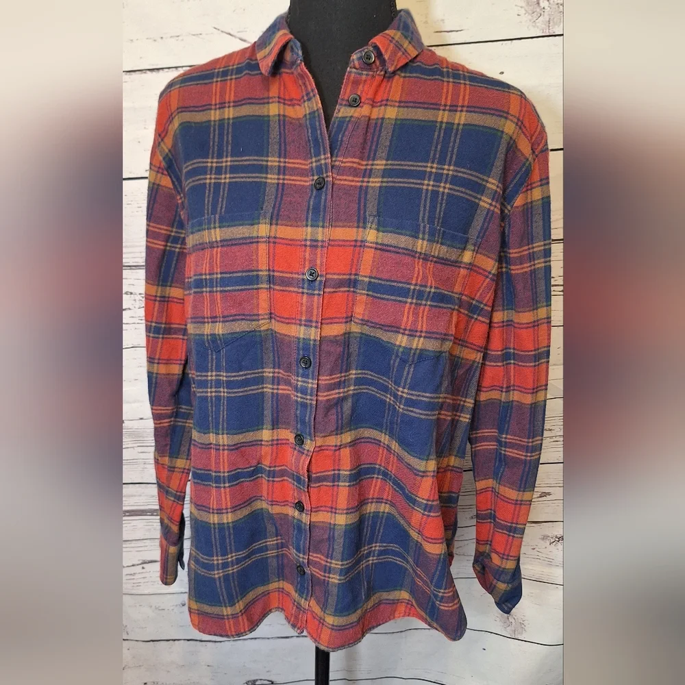 #1837 Madewell Navy and Red Plaid Oversized Boyfriend Flannel Shirt Sz.S
